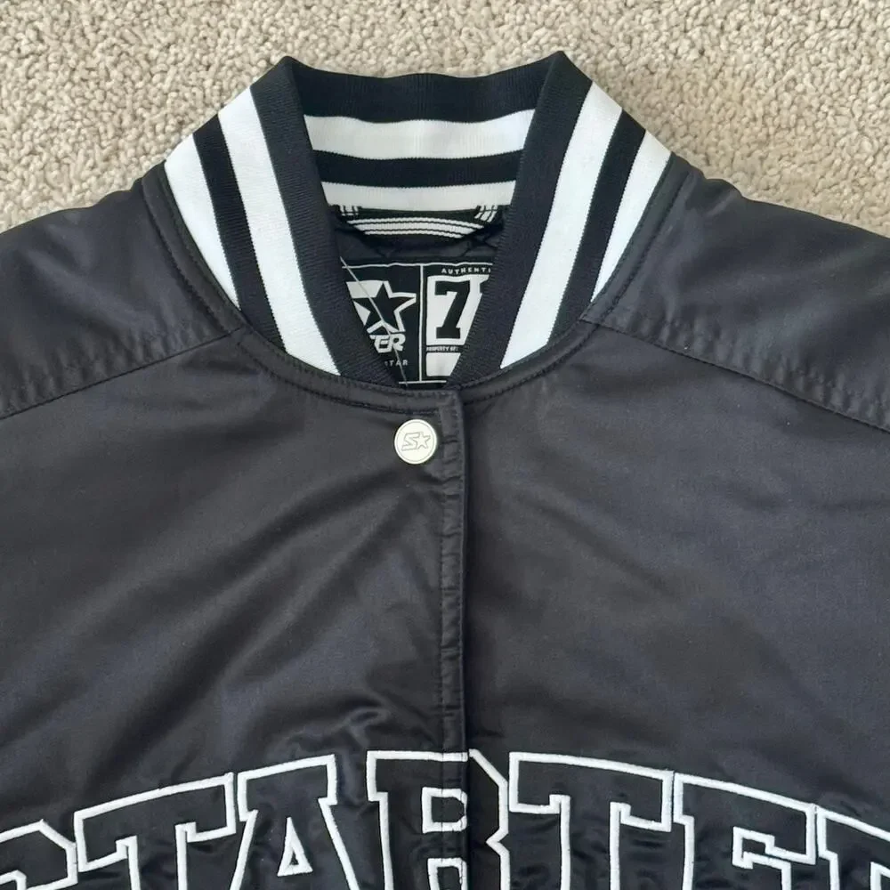 Starter Varsity Jacket Bomber Snap Front Satin Logo Retro Small Black NEW